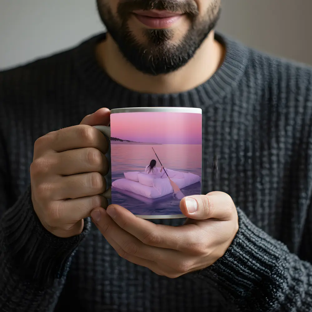 Woman Floating on Raft at Pink Sunset – Mugs