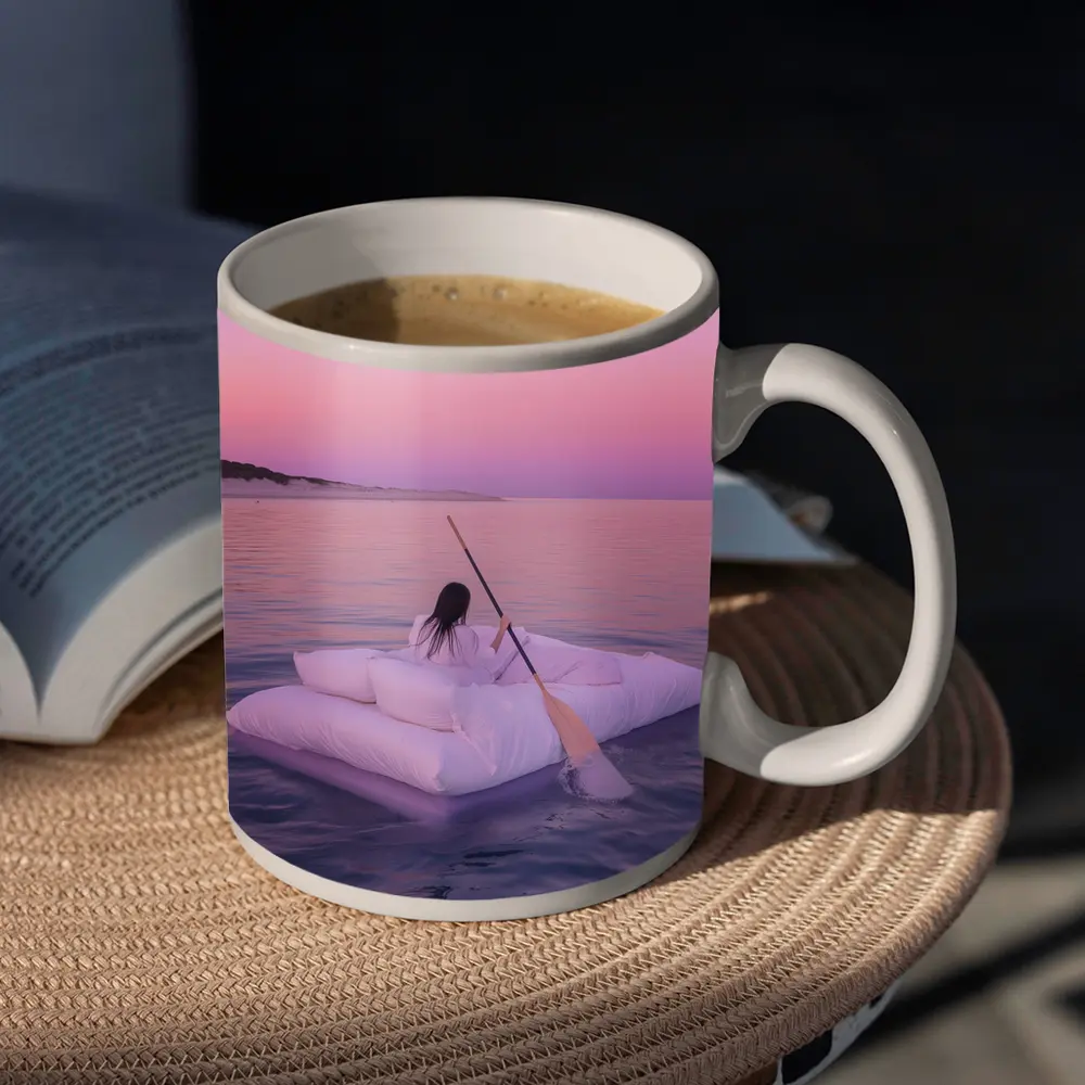 Woman Floating on Raft at Pink Sunset – Mugs