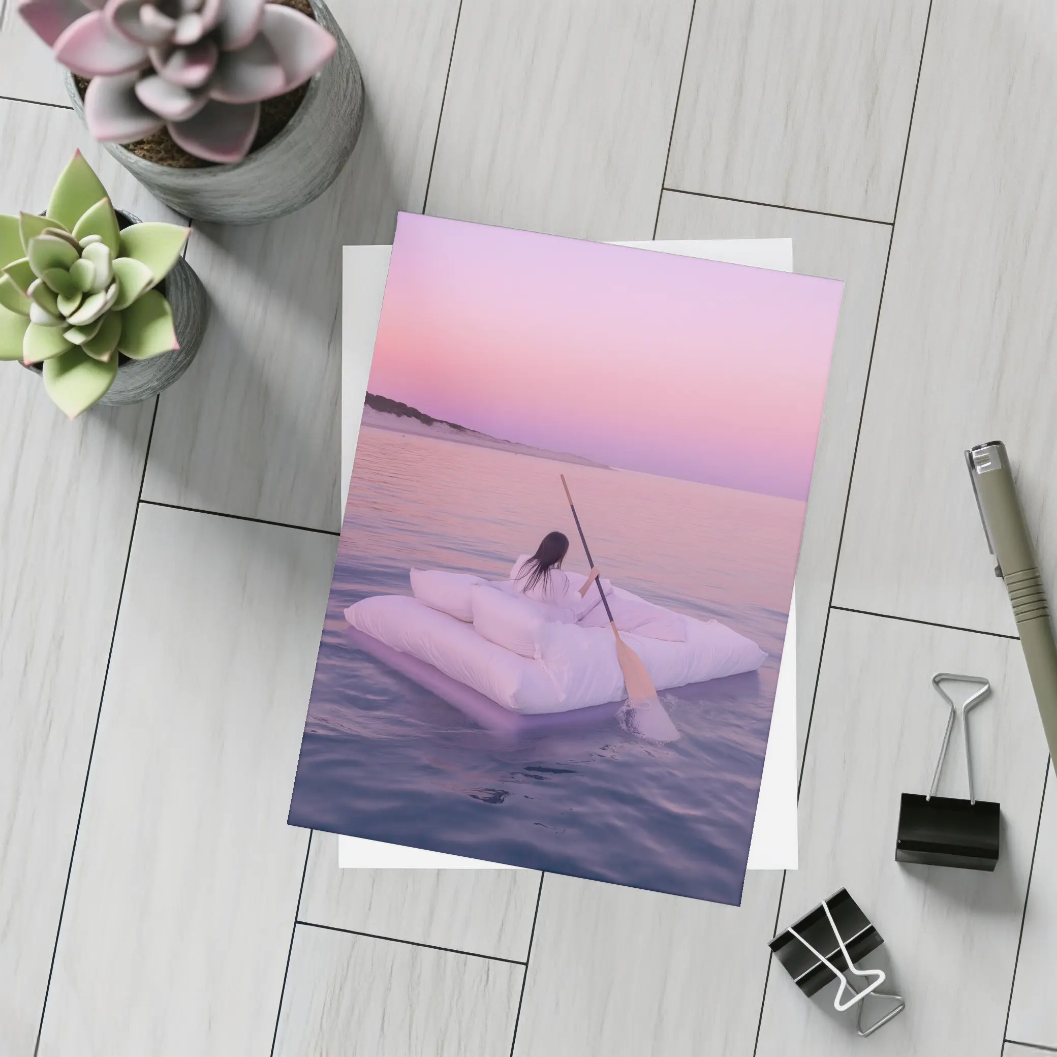 Woman Floating on Raft at Pink Sunset – Postcards