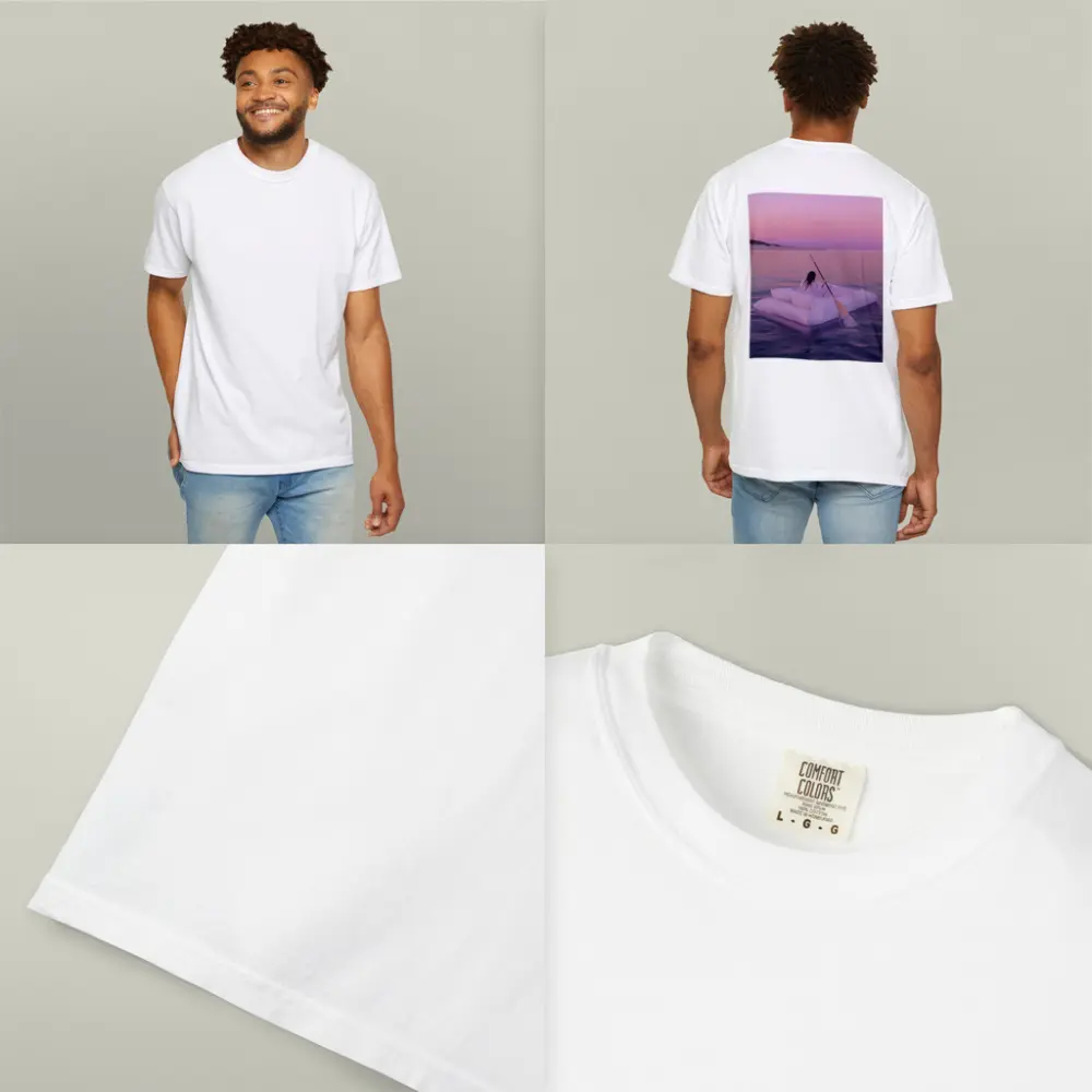 Woman Floating on Raft at Pink Sunset – T-Shirts