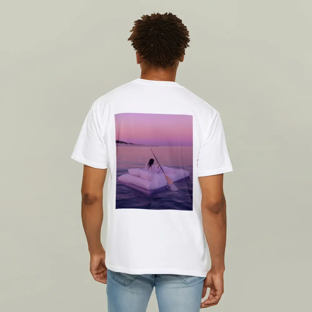 Woman Floating on Raft at Pink Sunset – T-Shirts