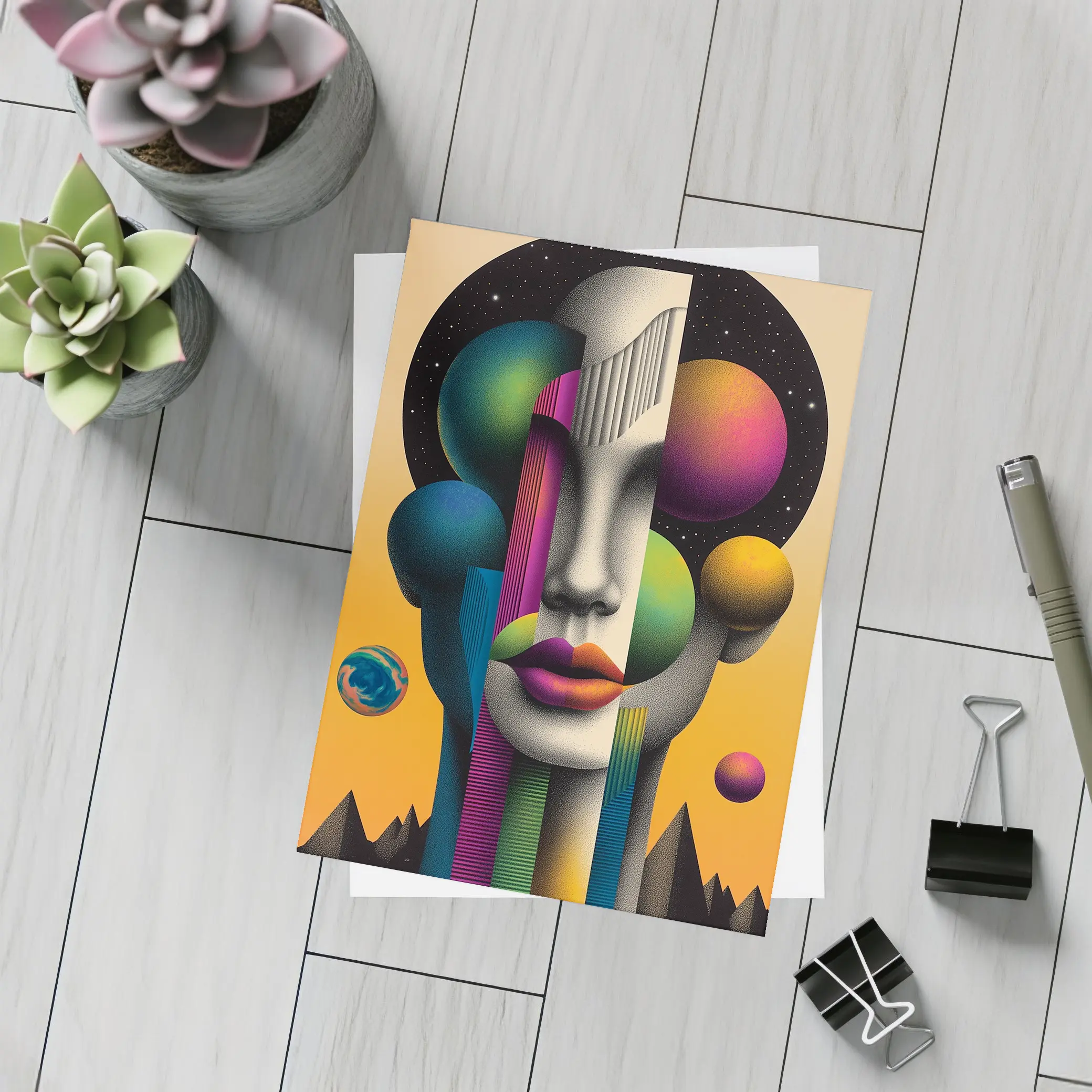 Abstract Face Surreal Space Planets Art – Postcards