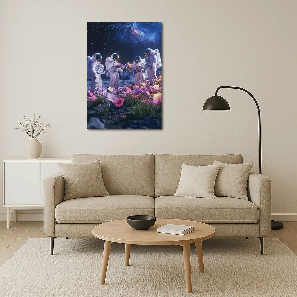 Astronauts Picking Flowers on Starry Moon – Wall Art