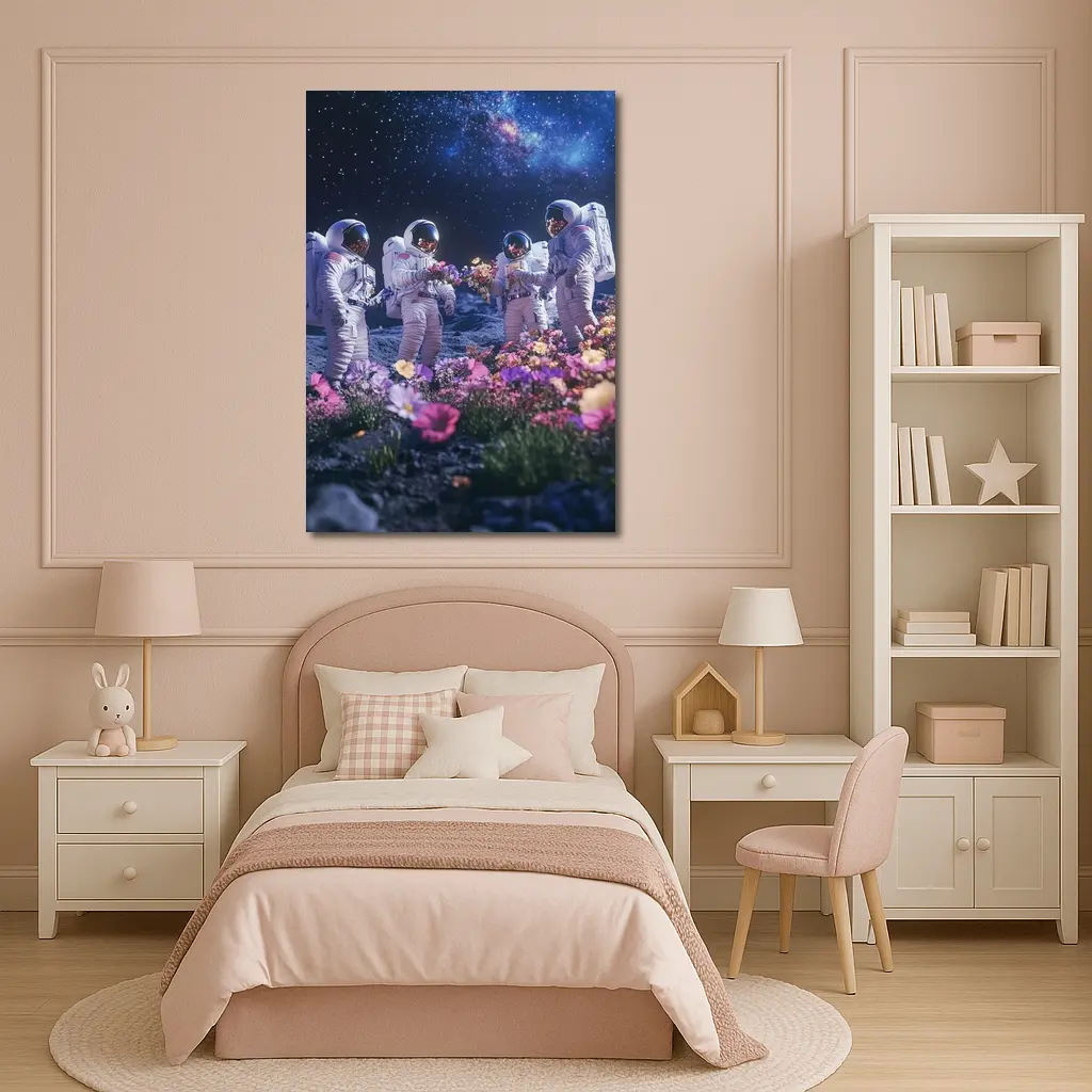 Astronauts Picking Flowers on Starry Moon – Wall Art