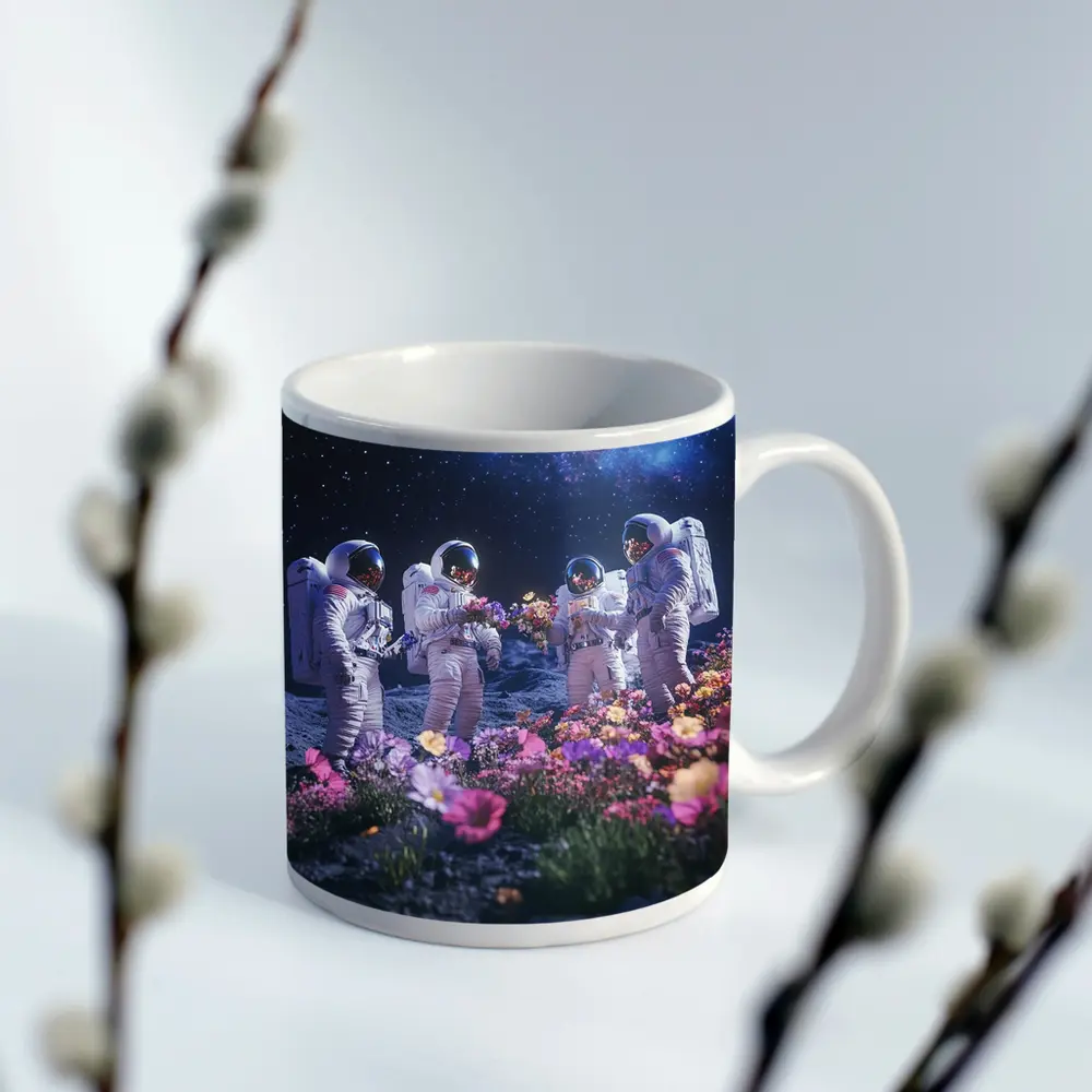 Astronauts Picking Flowers on Starry Moon – Mugs