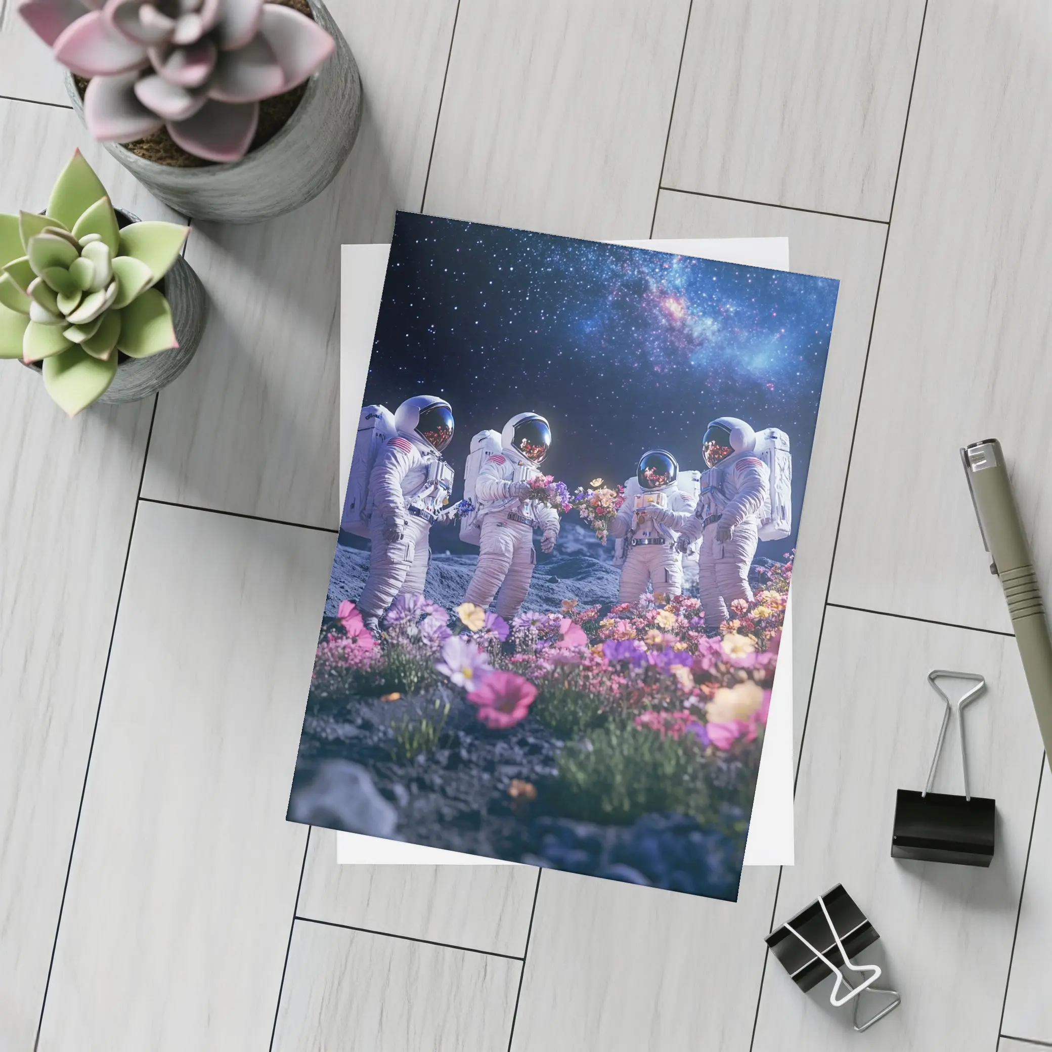 Astronauts Picking Flowers on Starry Moon – Postcards