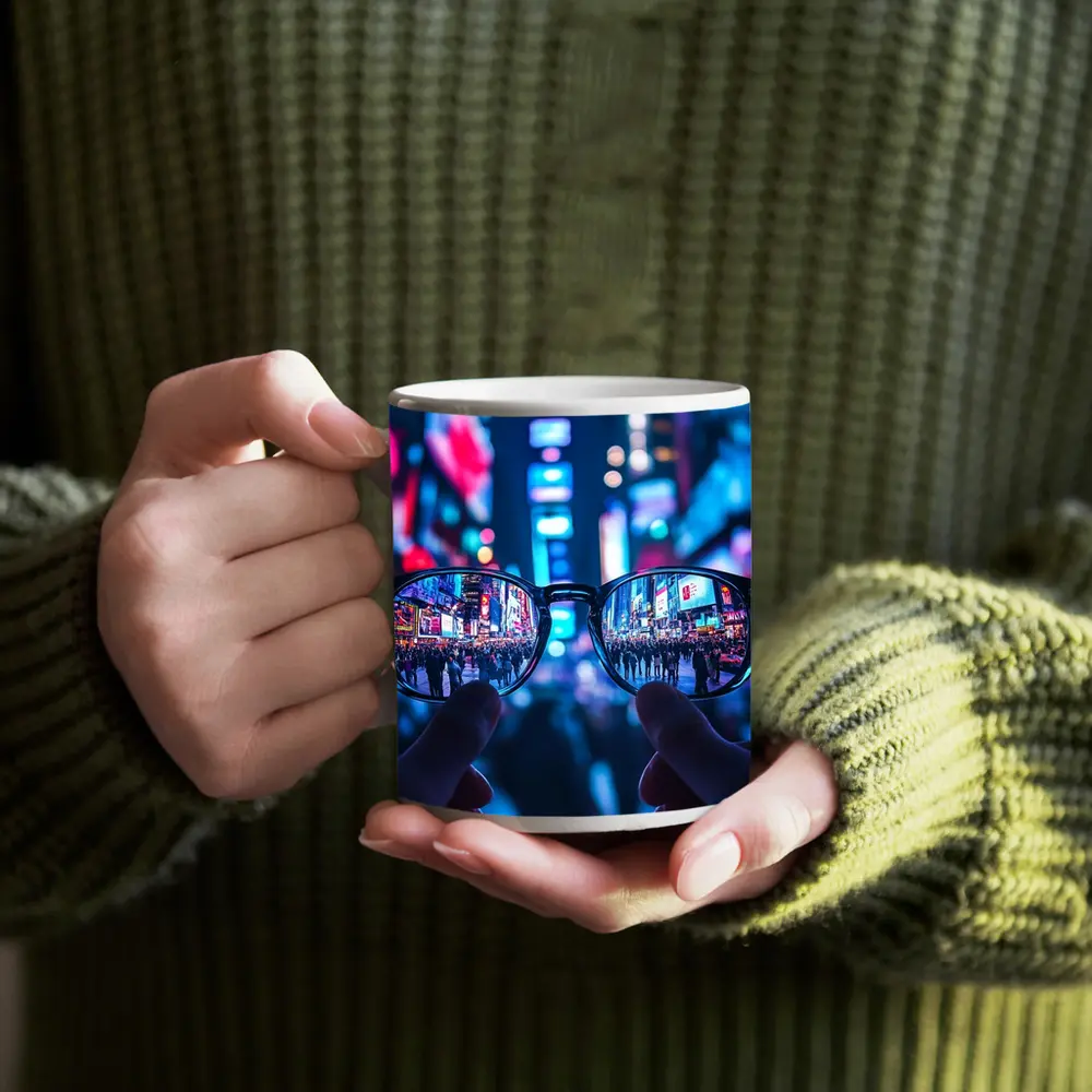 Glasses Held Up Times Square Night – Mugs