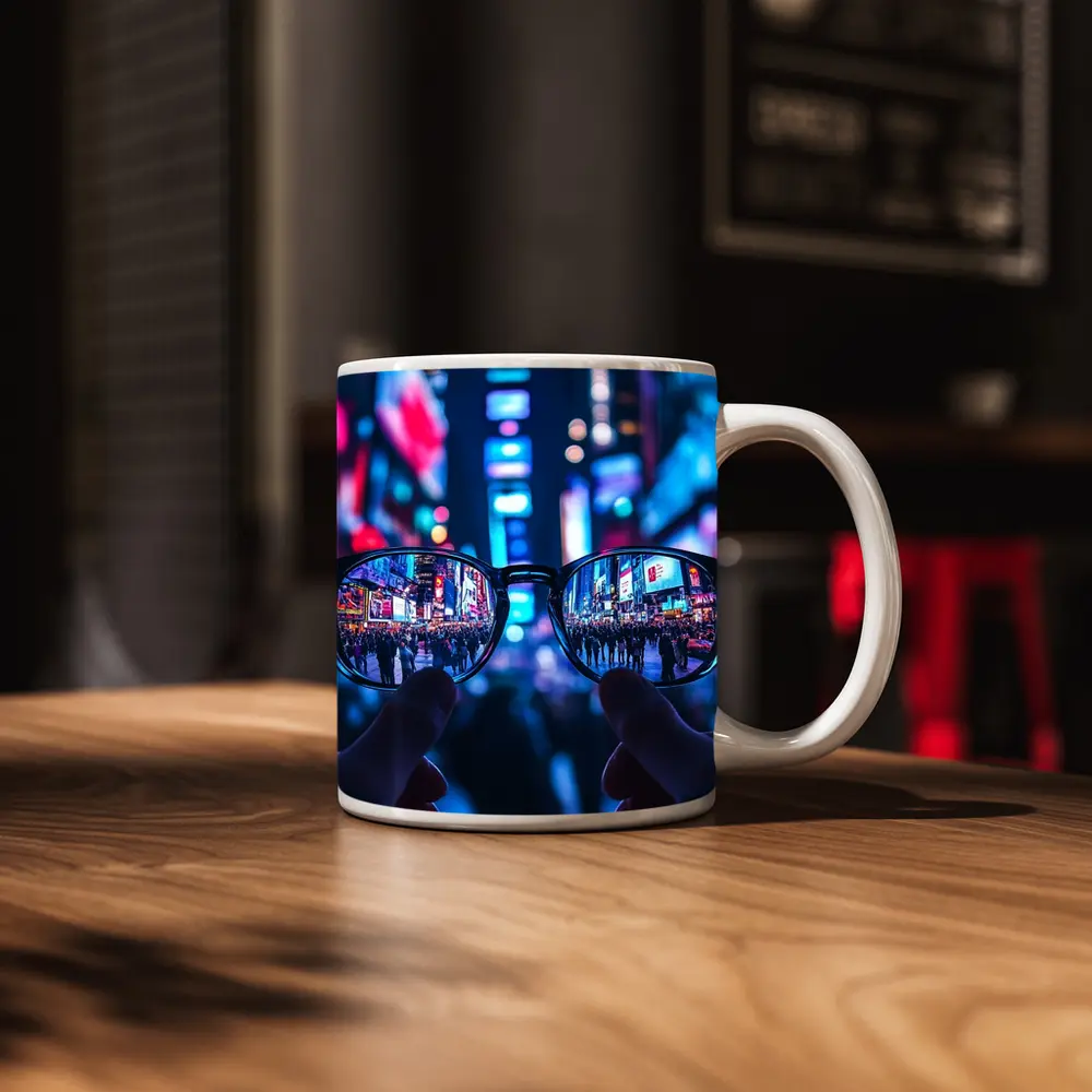 Glasses Held Up Times Square Night – Mugs