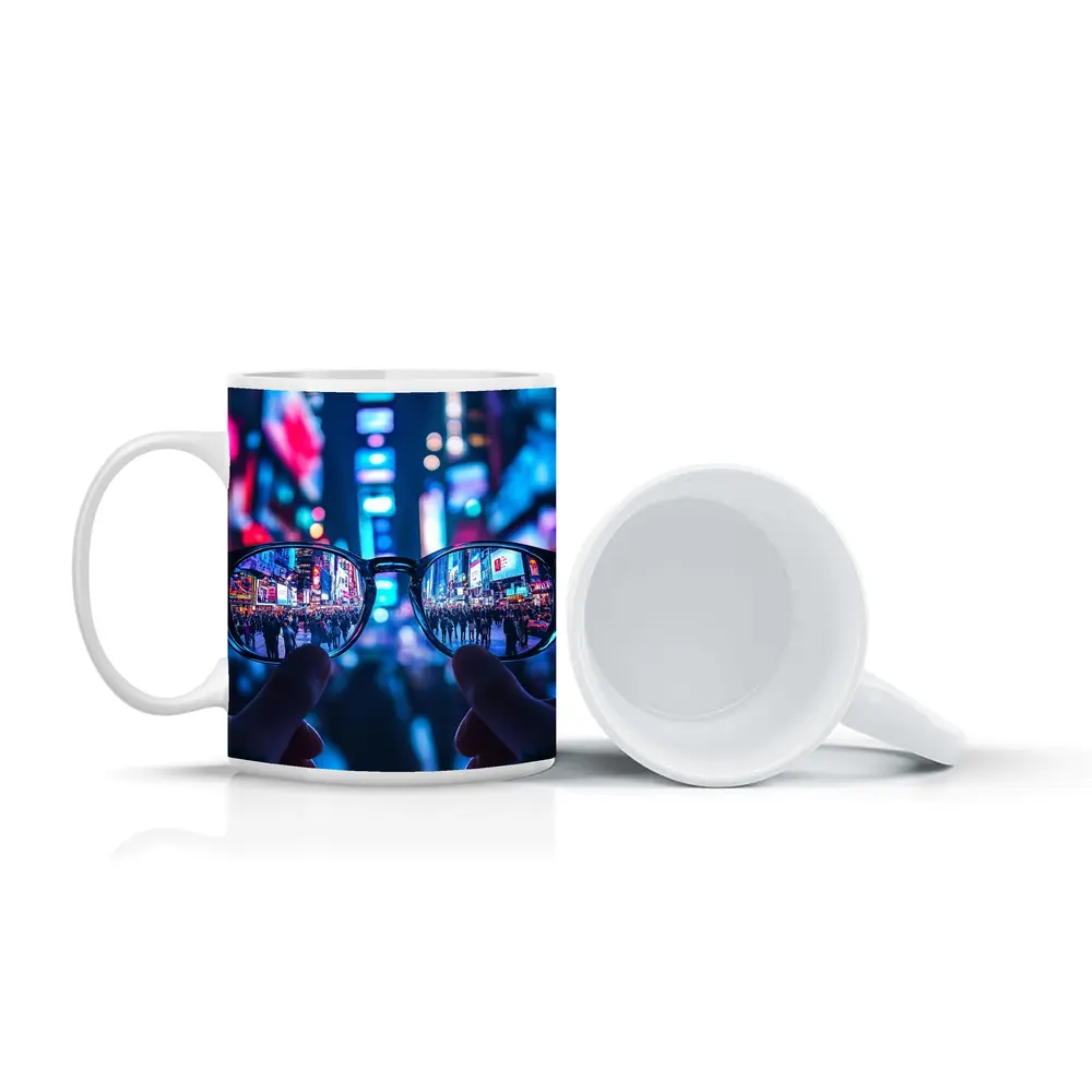 Glasses Held Up Times Square Night – Mugs
