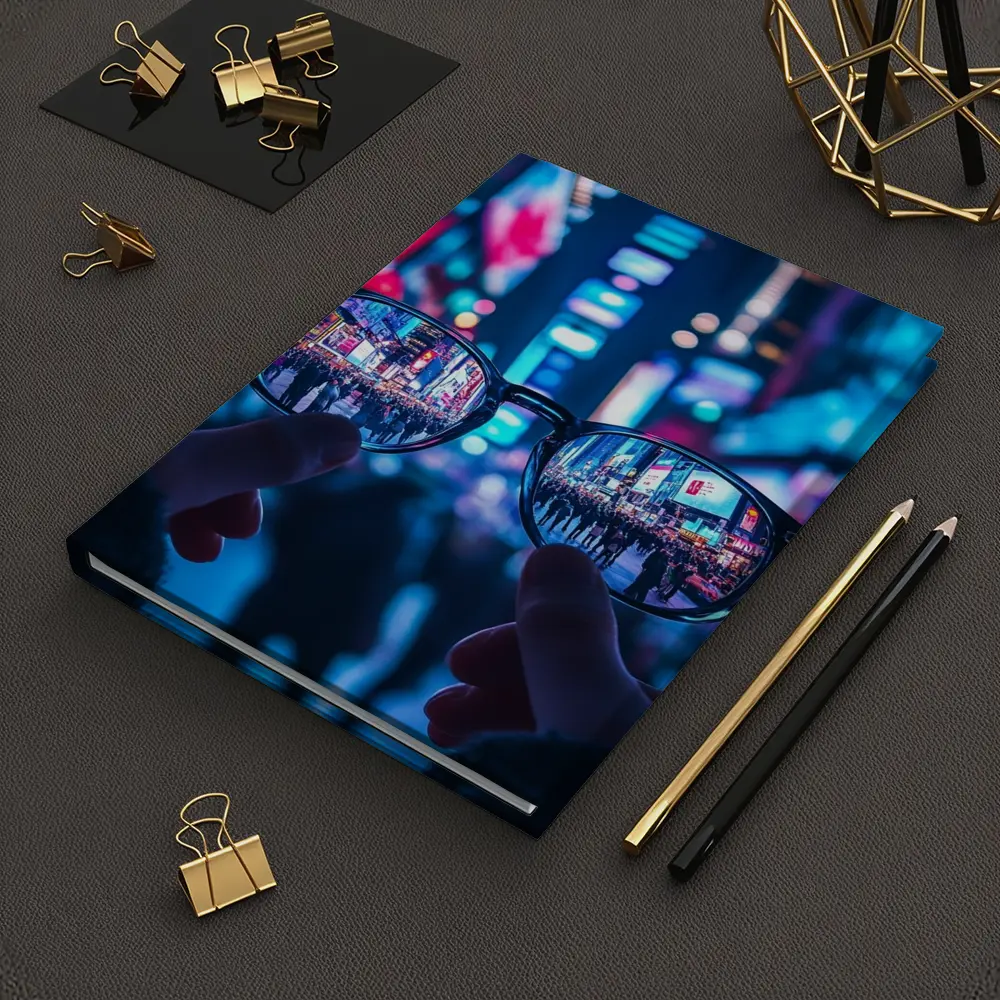 Glasses Held Up Times Square Night – Notebooks