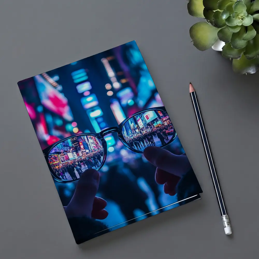 Glasses Held Up Times Square Night – Notebooks