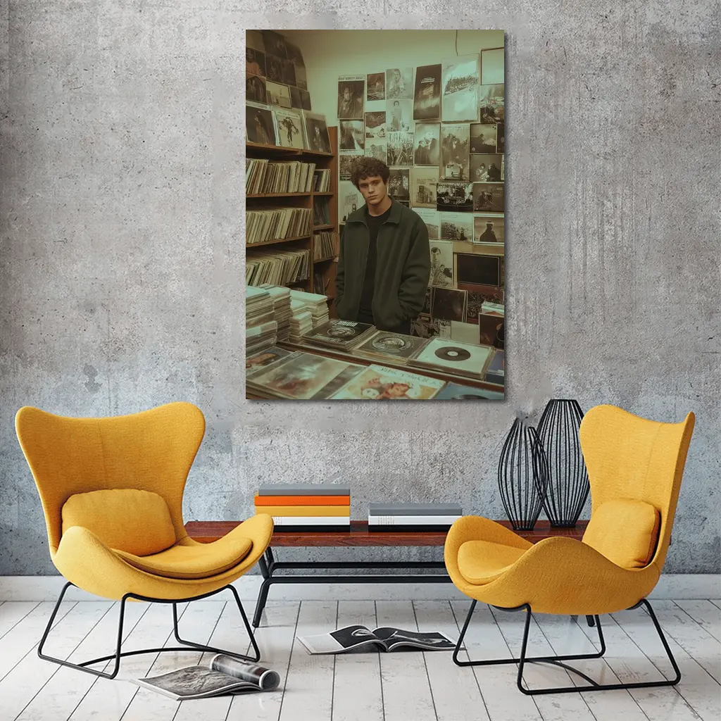 Young Man Standing In Vintage Record Shop – Wall Art