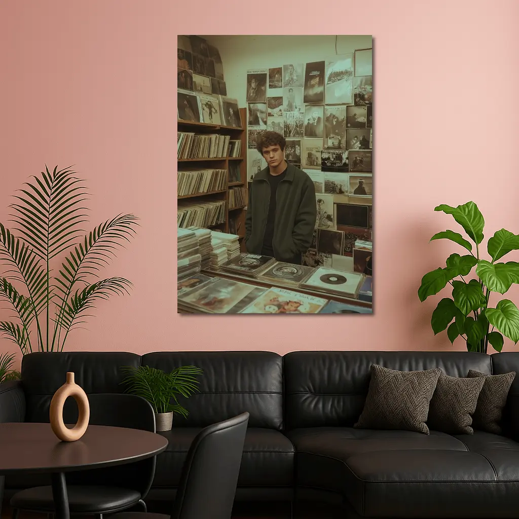 Young Man Standing In Vintage Record Shop – Wall Art