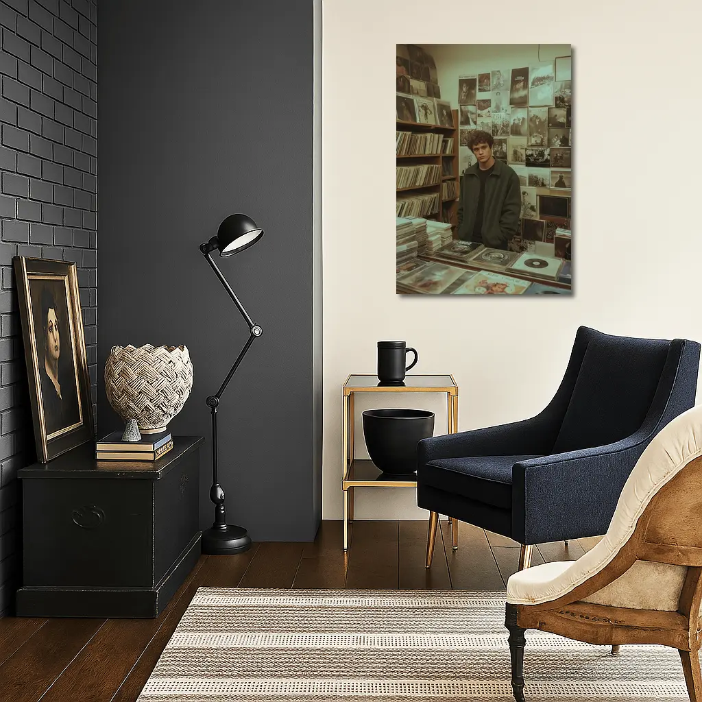Young Man Standing In Vintage Record Shop – Wall Art