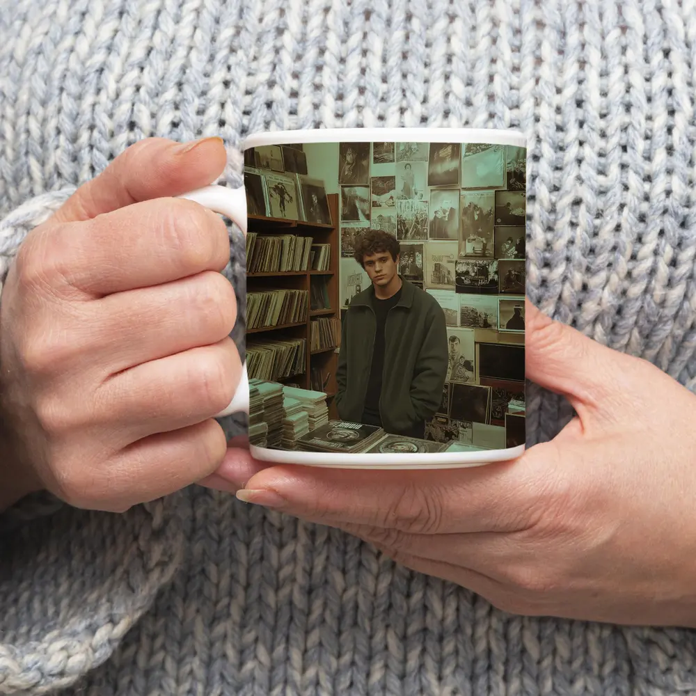 Young Man Standing In Vintage Record Shop – Mugs