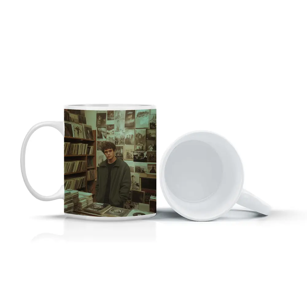 Young Man Standing In Vintage Record Shop – Mugs