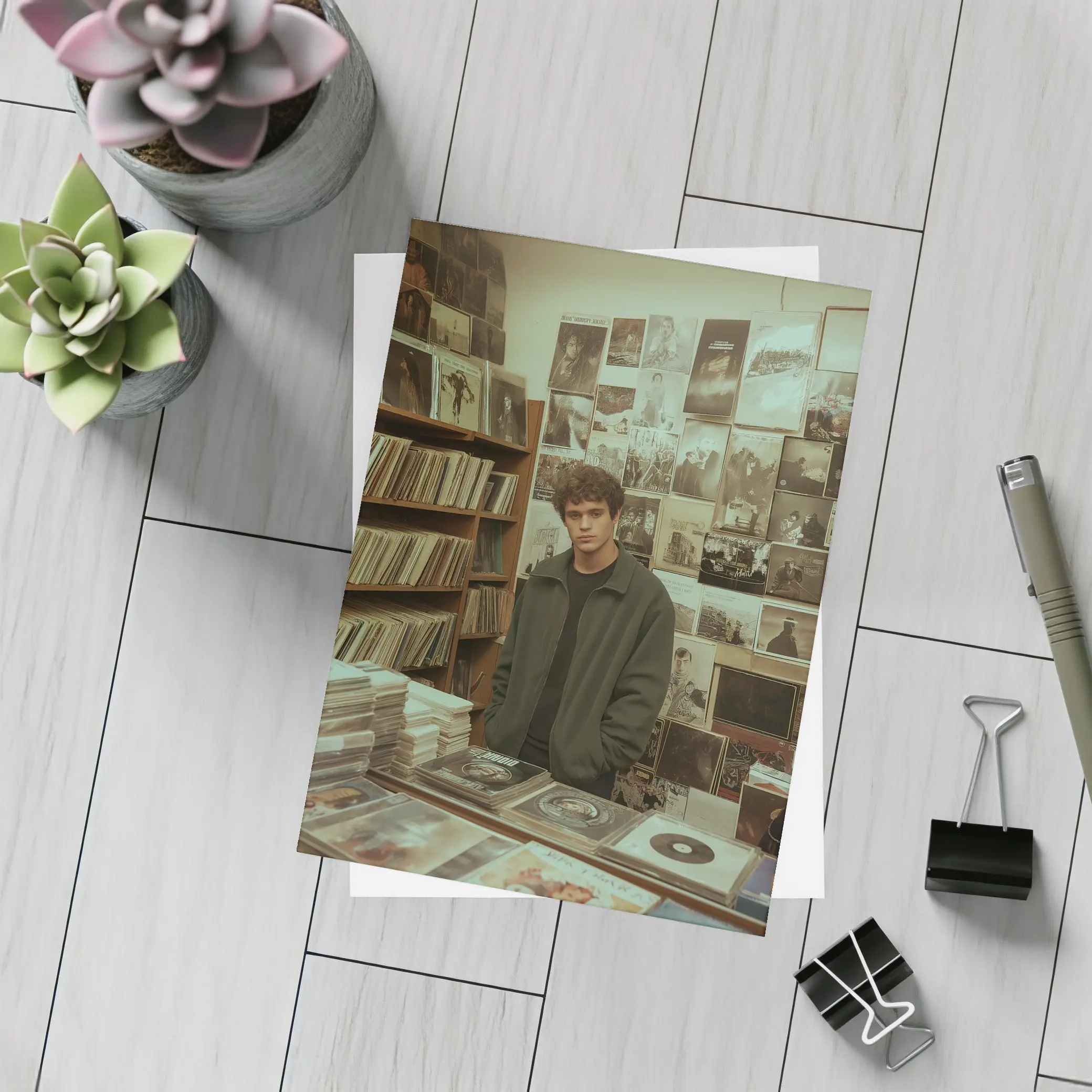 Young Man Standing In Vintage Record Shop – Postcards