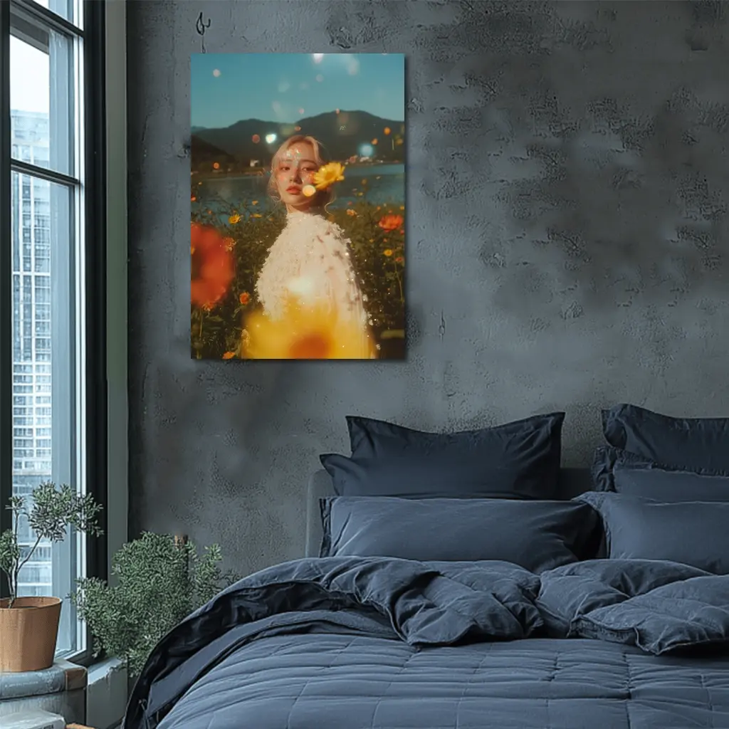 Young Woman Among Wildflowers Mountain Lake – Wall Art