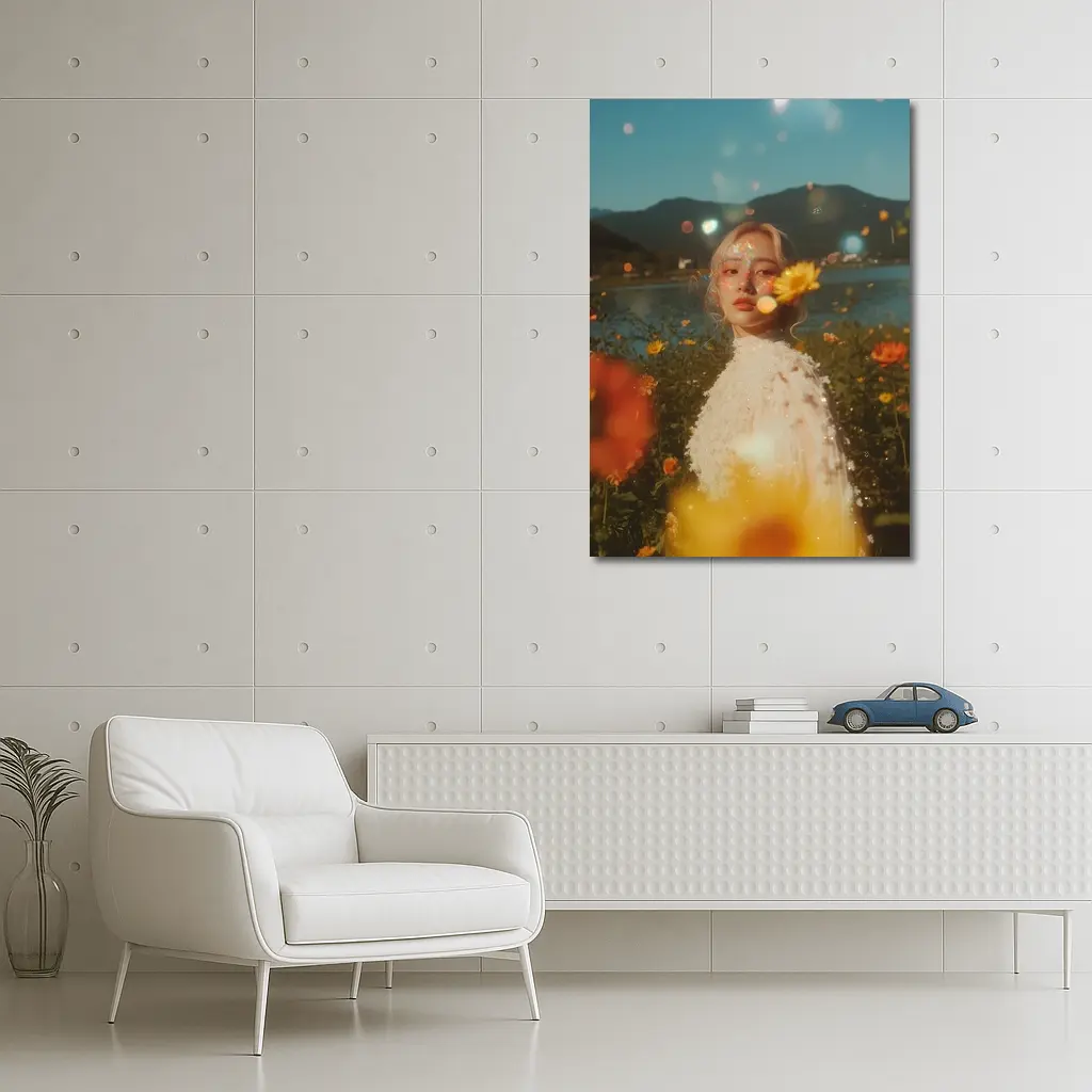 Young Woman Among Wildflowers Mountain Lake – Wall Art