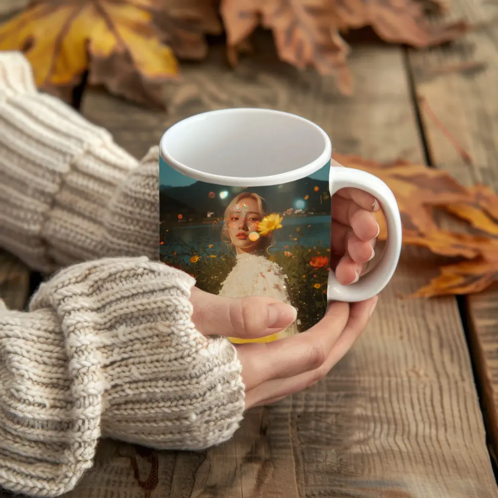 Young Woman Among Wildflowers Mountain Lake – Mugs