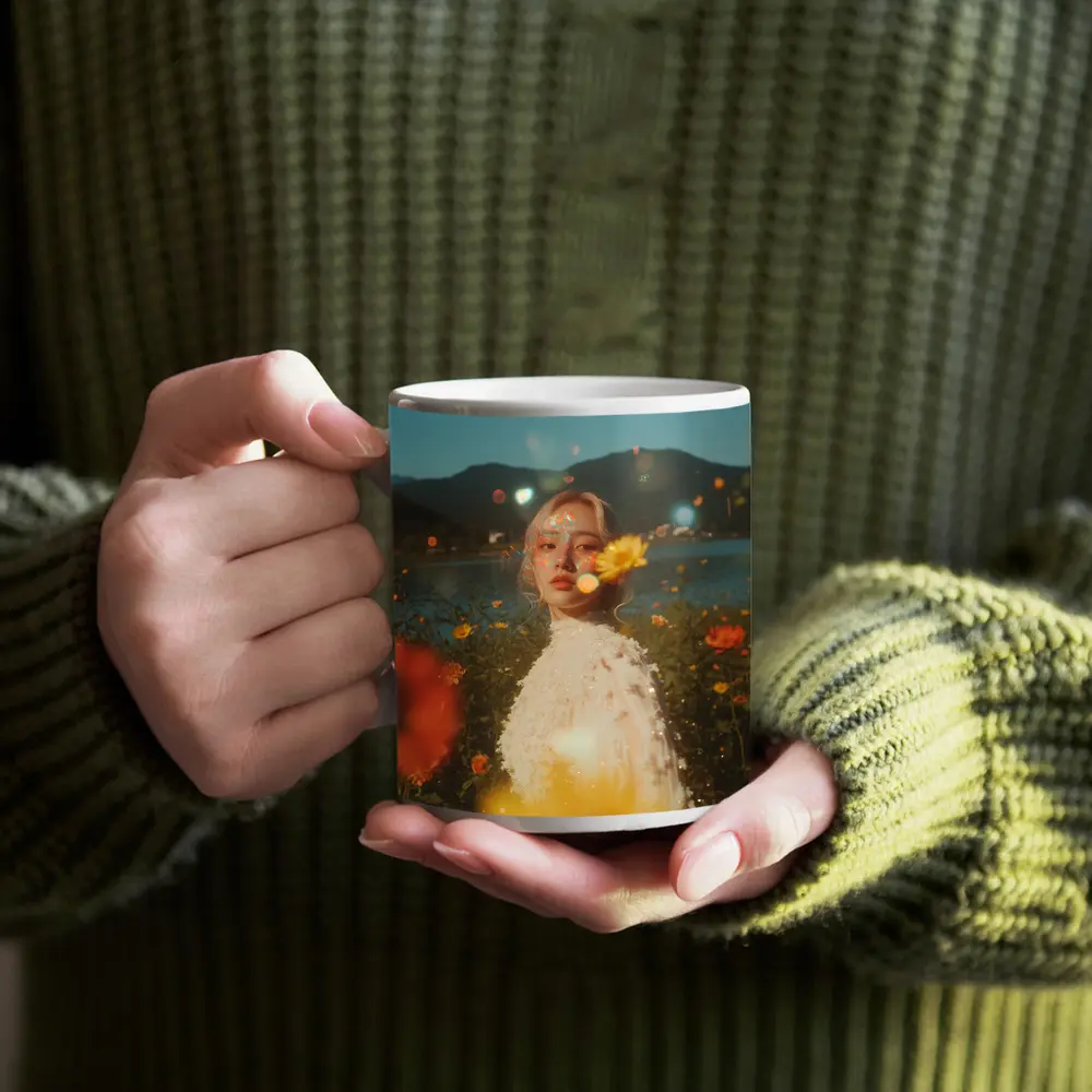 Young Woman Among Wildflowers Mountain Lake – Mugs