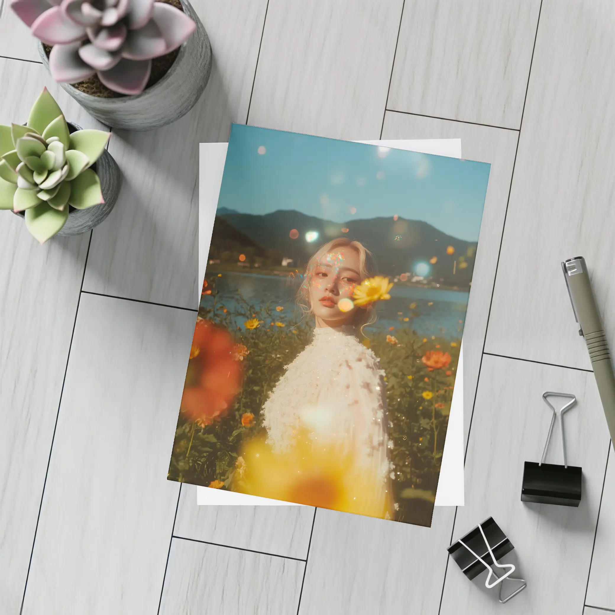 Young Woman Among Wildflowers Mountain Lake – Postcards