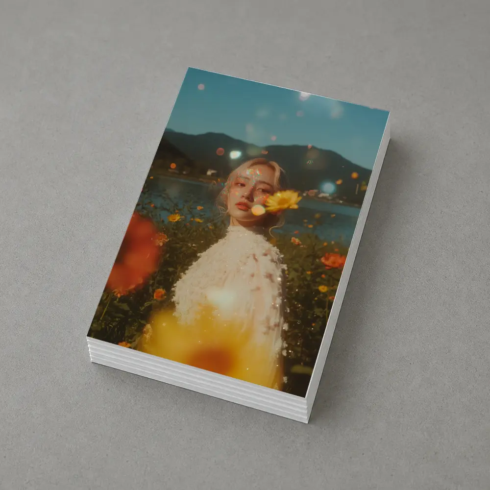 Young Woman Among Wildflowers Mountain Lake – Postcards
