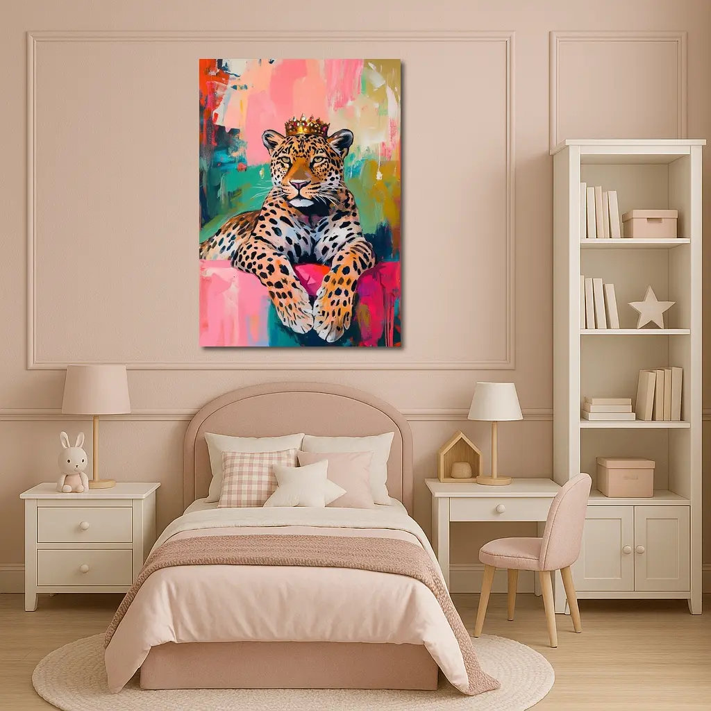 Royal Leopard With Crown Colorful Abstract Background – Wall Art