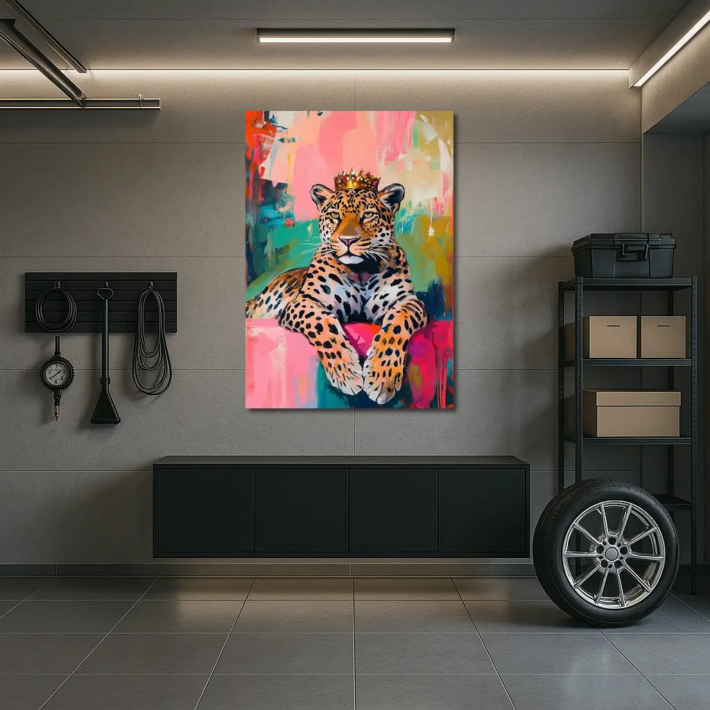 Royal Leopard With Crown Colorful Abstract Background – Wall Art