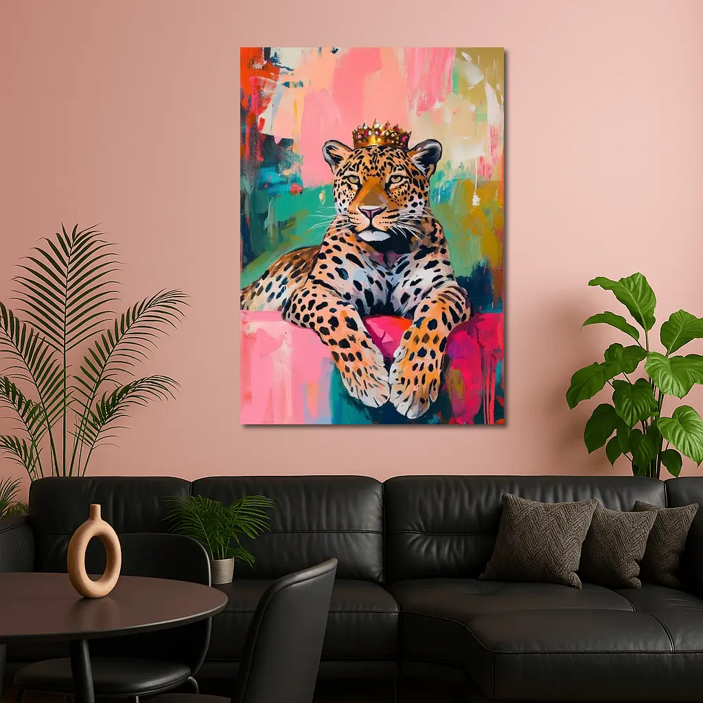 Royal Leopard With Crown Colorful Abstract Background – Wall Art