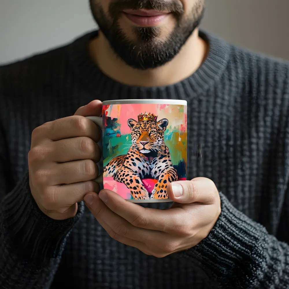 Royal Leopard With Crown Colorful Abstract Background – Mugs