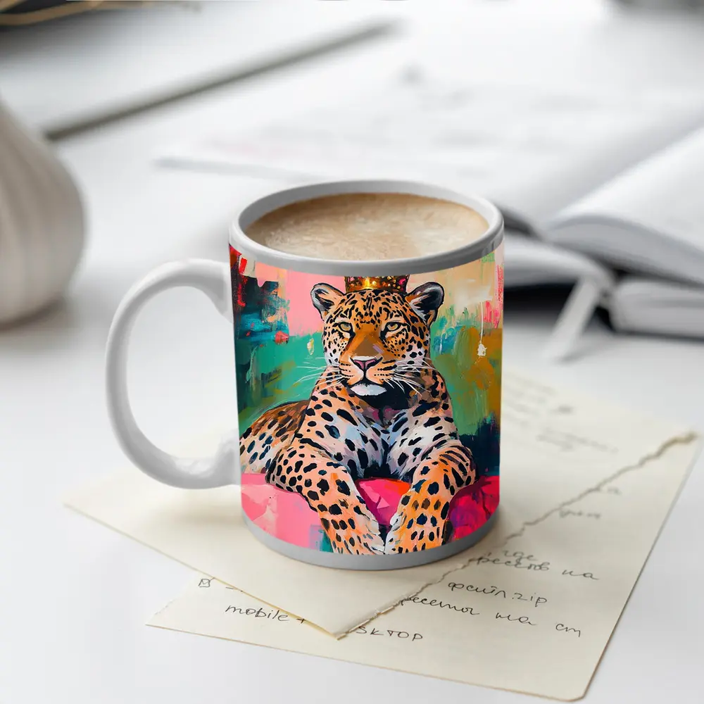 Royal Leopard With Crown Colorful Abstract Background – Mugs