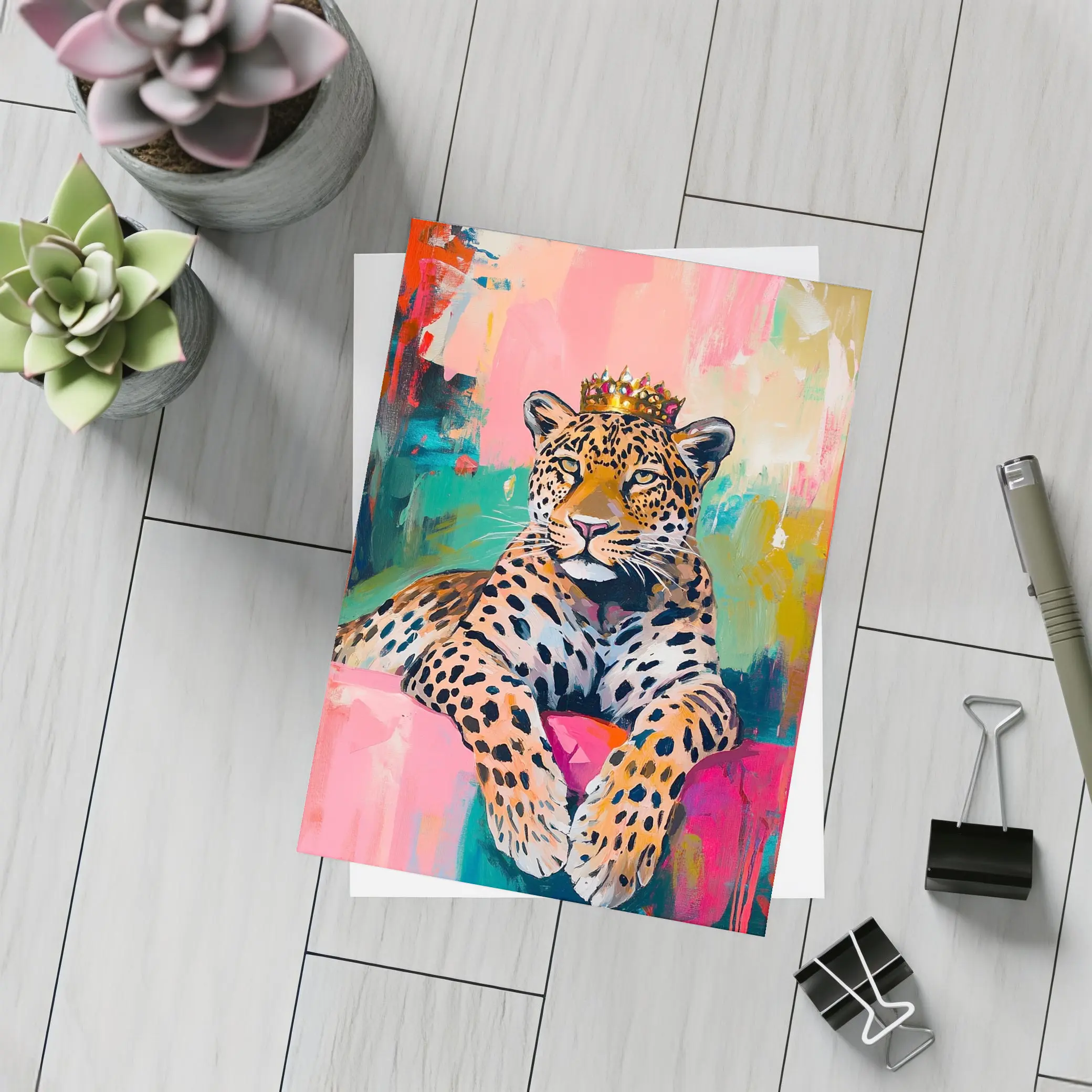 Royal Leopard With Crown Colorful Abstract Background – Postcards