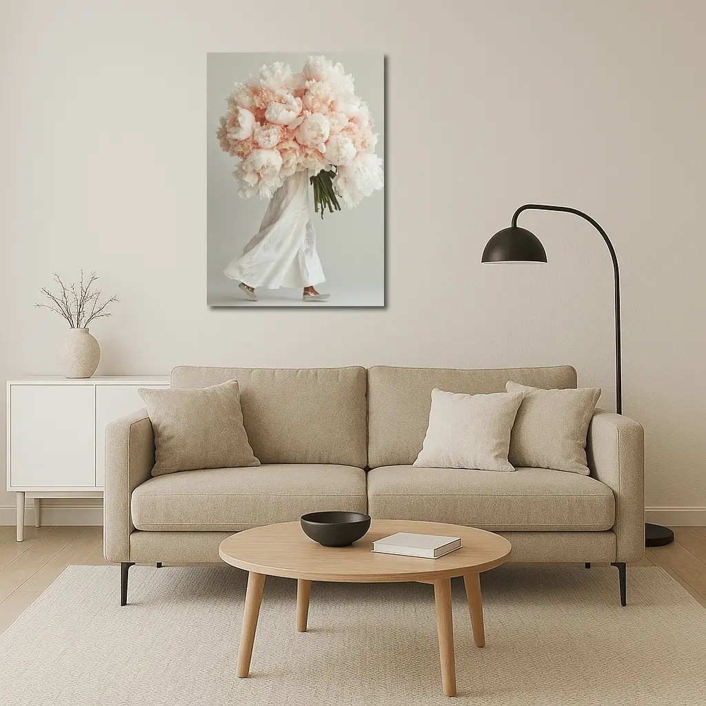 Pink Peony Bouquet Woman White Background – Wall Art