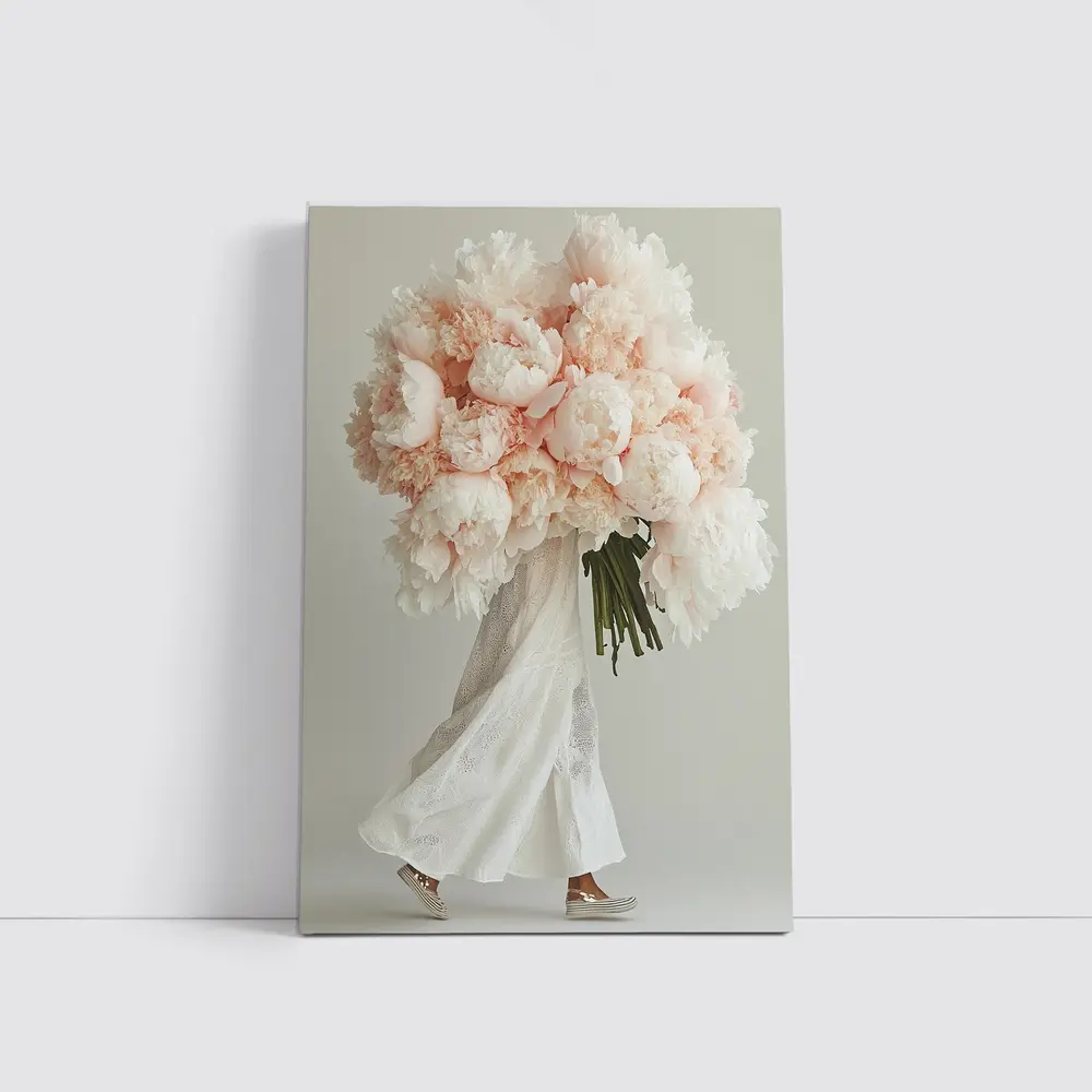 Pink Peony Bouquet Woman White Background – Wall Art
