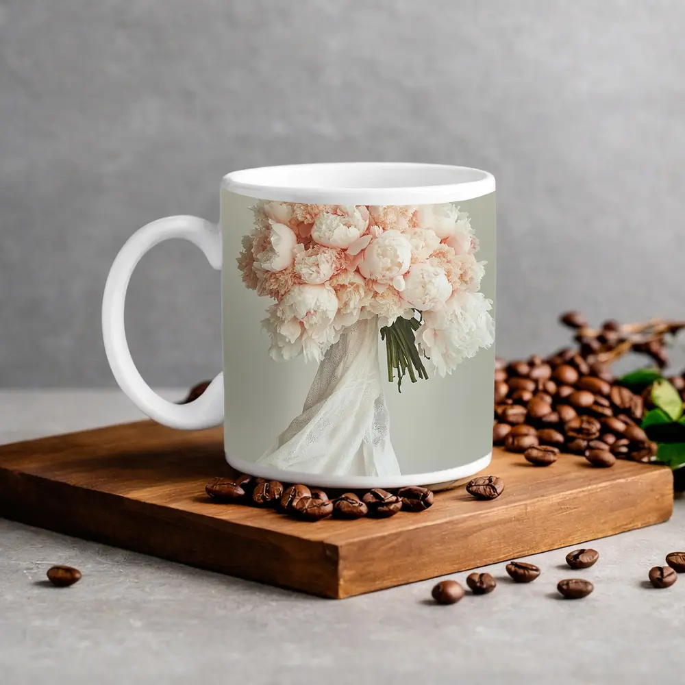 Pink Peony Bouquet Woman White Background – Mugs