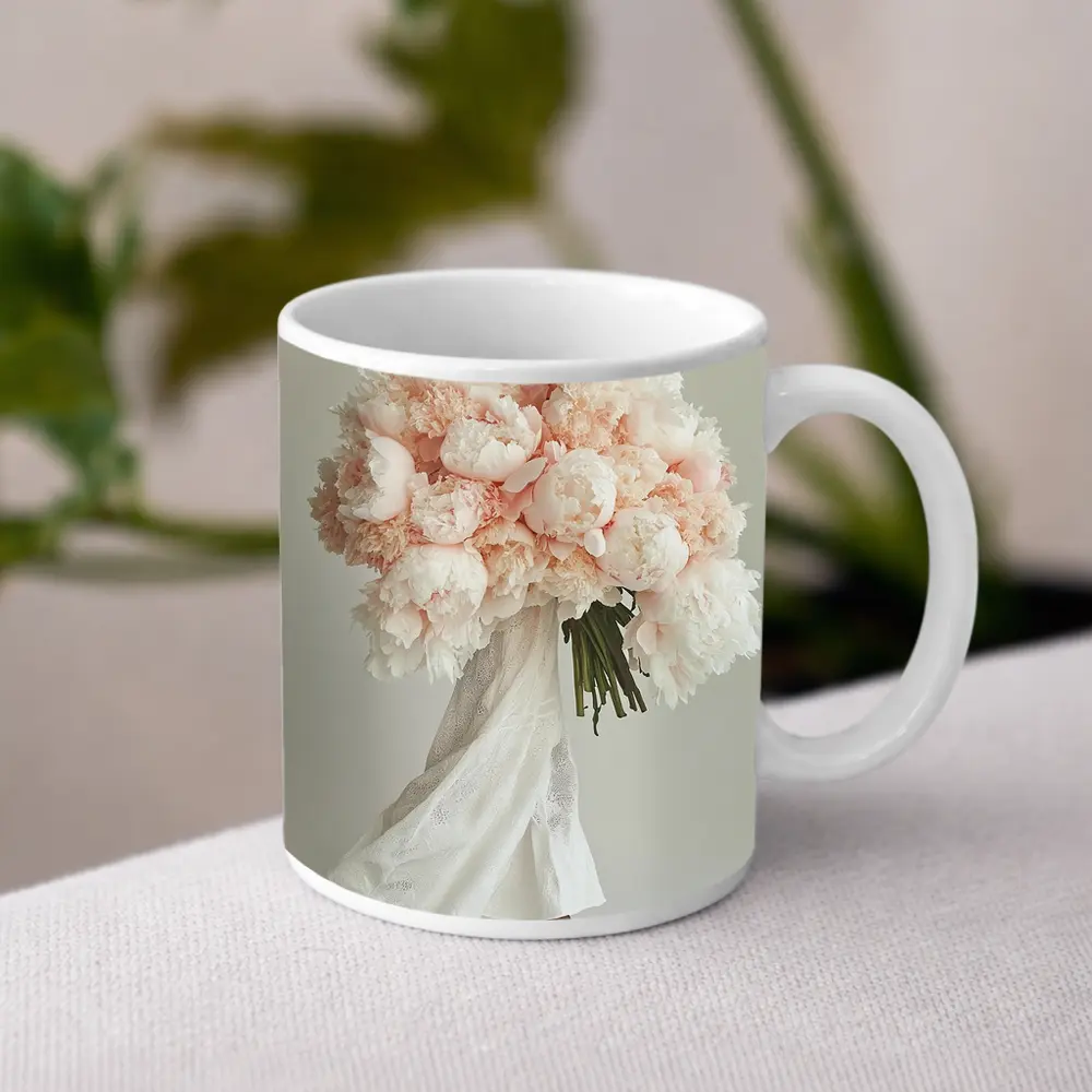Pink Peony Bouquet Woman White Background – Mugs