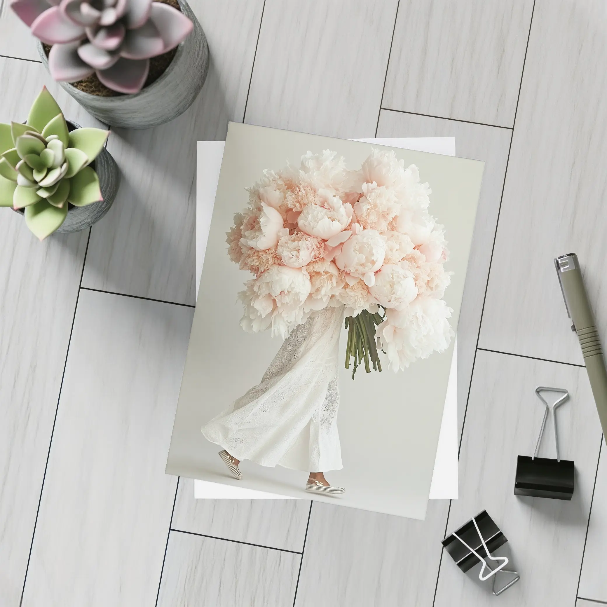 Pink Peony Bouquet Woman White Background – Postcards