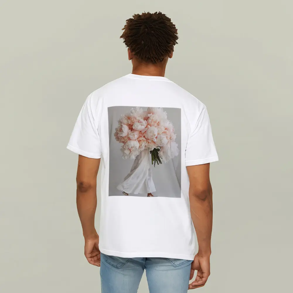 Pink Peony Bouquet Woman White Background – T-Shirts