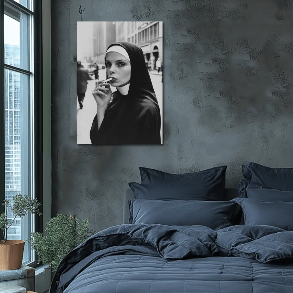 Nun Smoking Cigarette Black White Street – Wall Art
