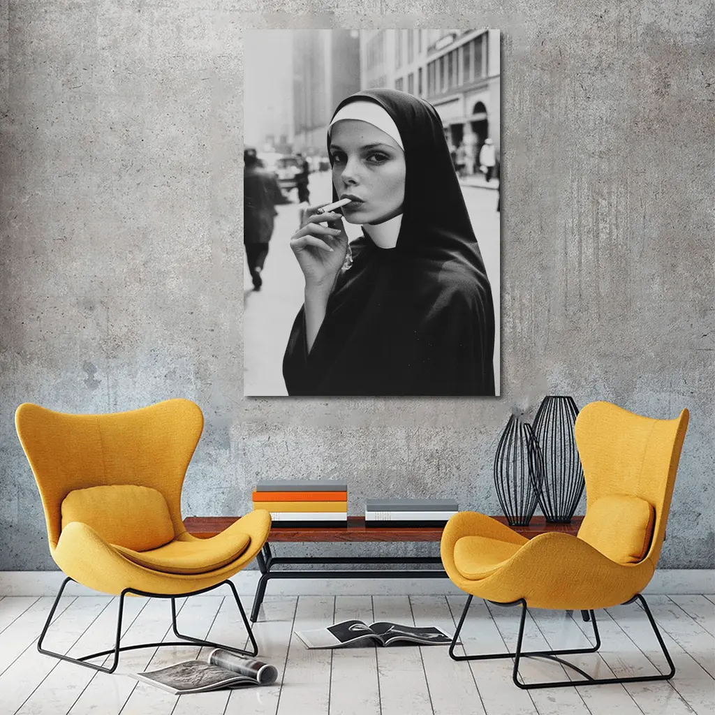 Nun Smoking Cigarette Black White Street – Wall Art