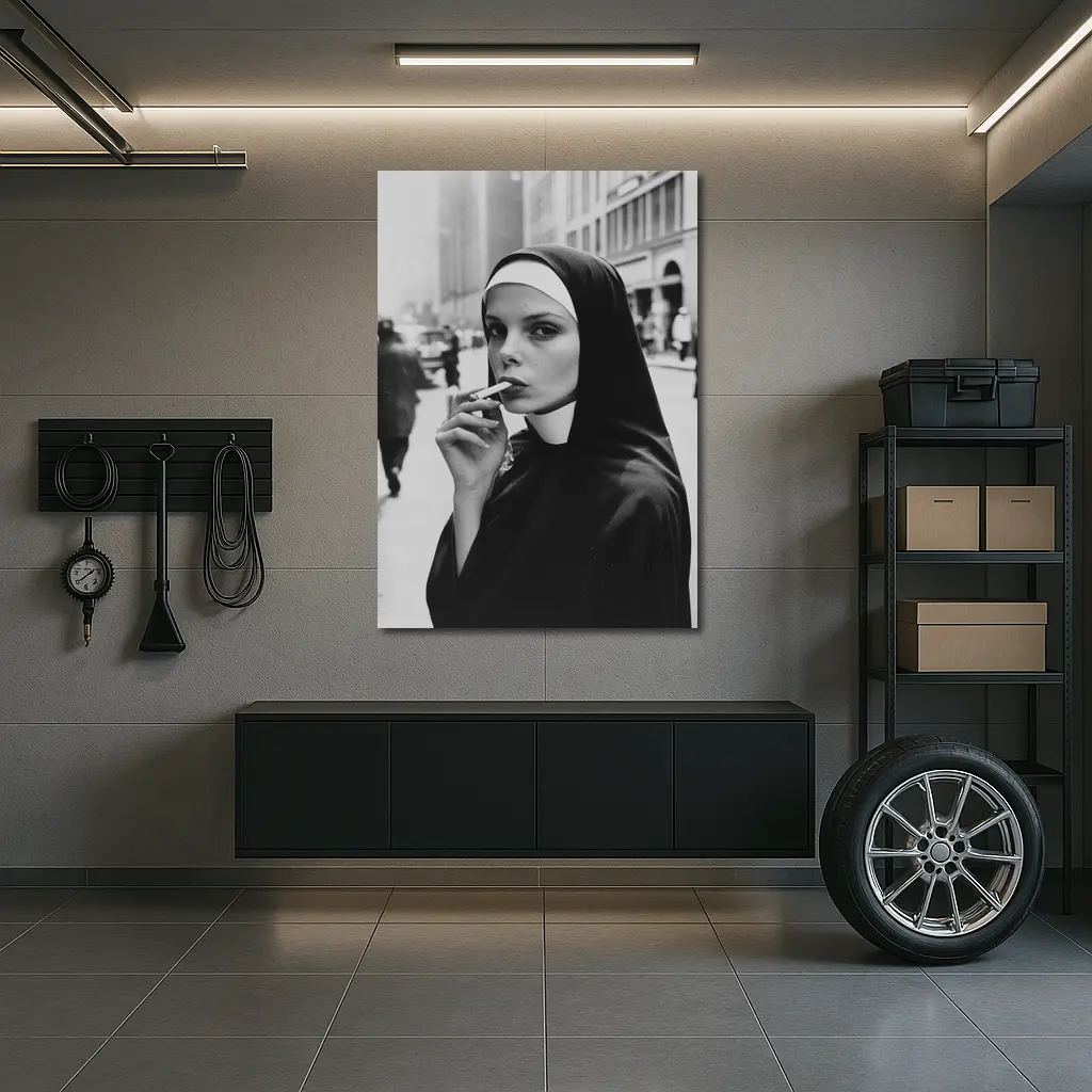 Nun Smoking Cigarette Black White Street – Wall Art