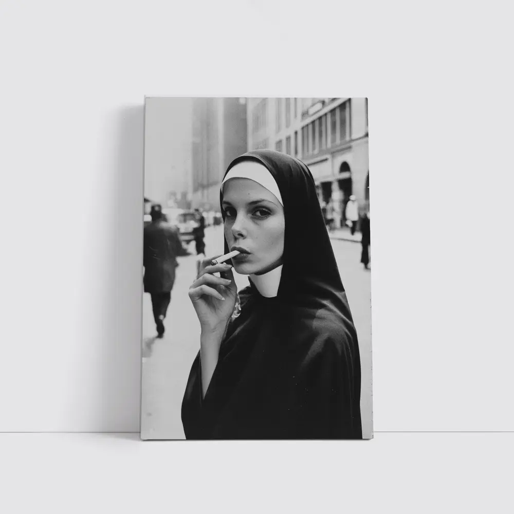 Nun Smoking Cigarette Black White Street – Wall Art