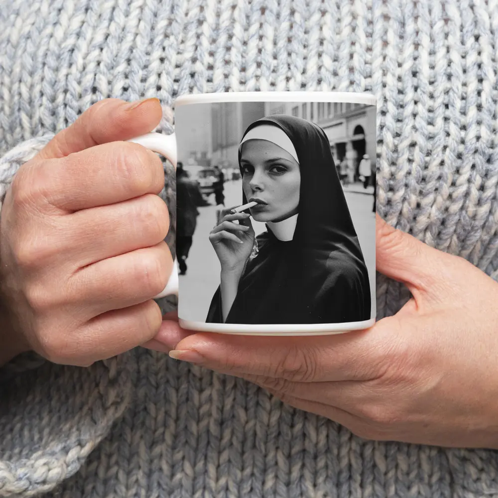 Nun Smoking Cigarette Black White Street – Mugs