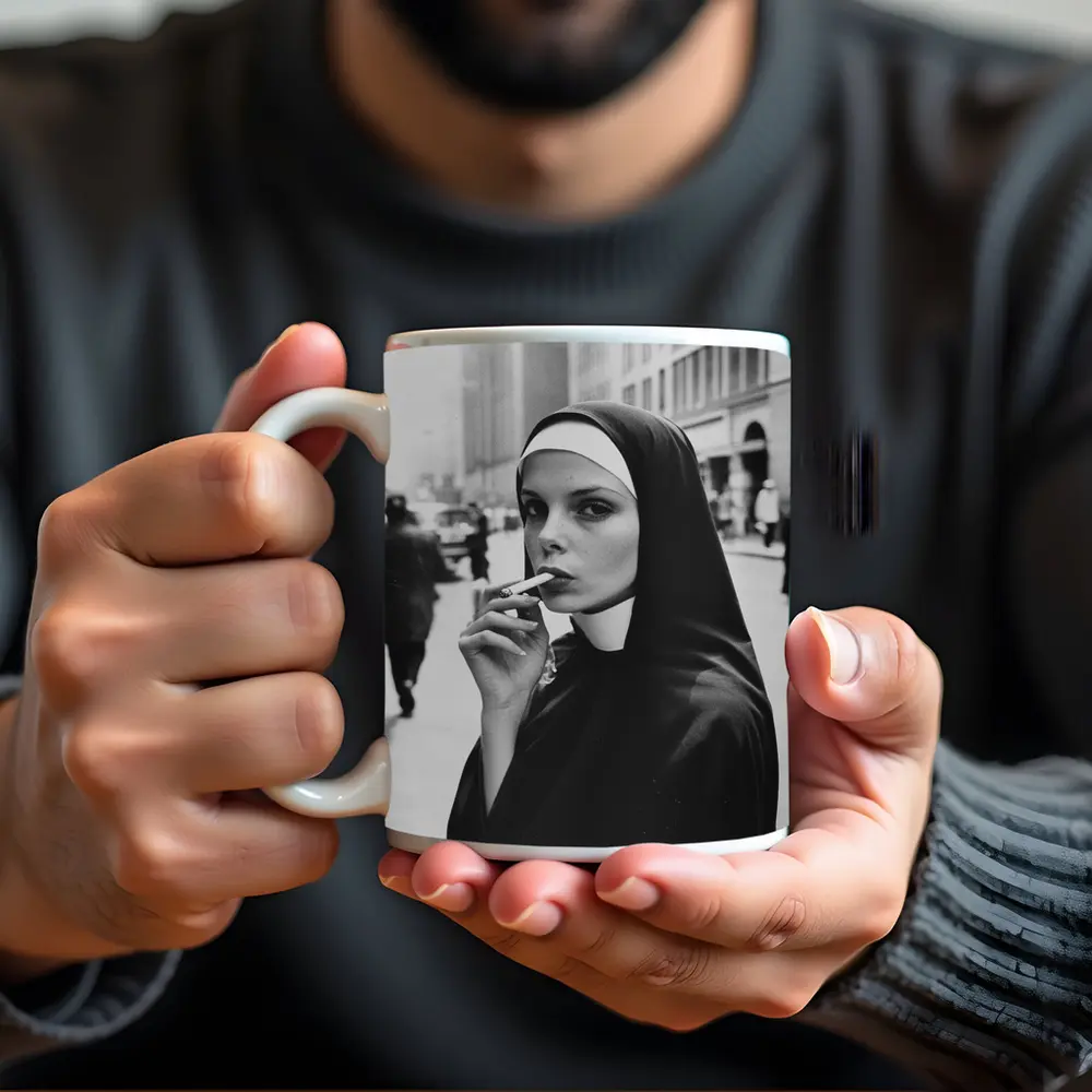 Nun Smoking Cigarette Black White Street – Mugs