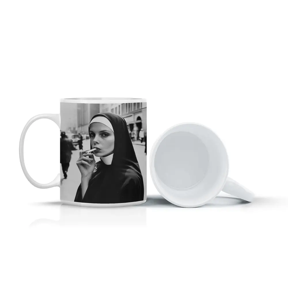 Nun Smoking Cigarette Black White Street – Mugs