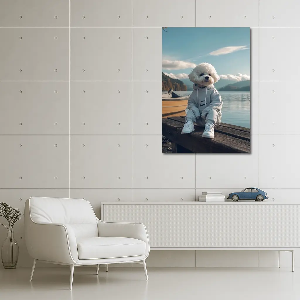 Bichon Frise Dog Wearing Nike Hoodie Lakeside – Wall Art