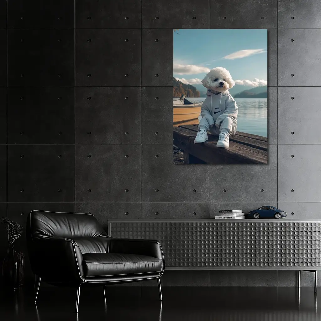 Bichon Frise Dog Wearing Nike Hoodie Lakeside – Wall Art