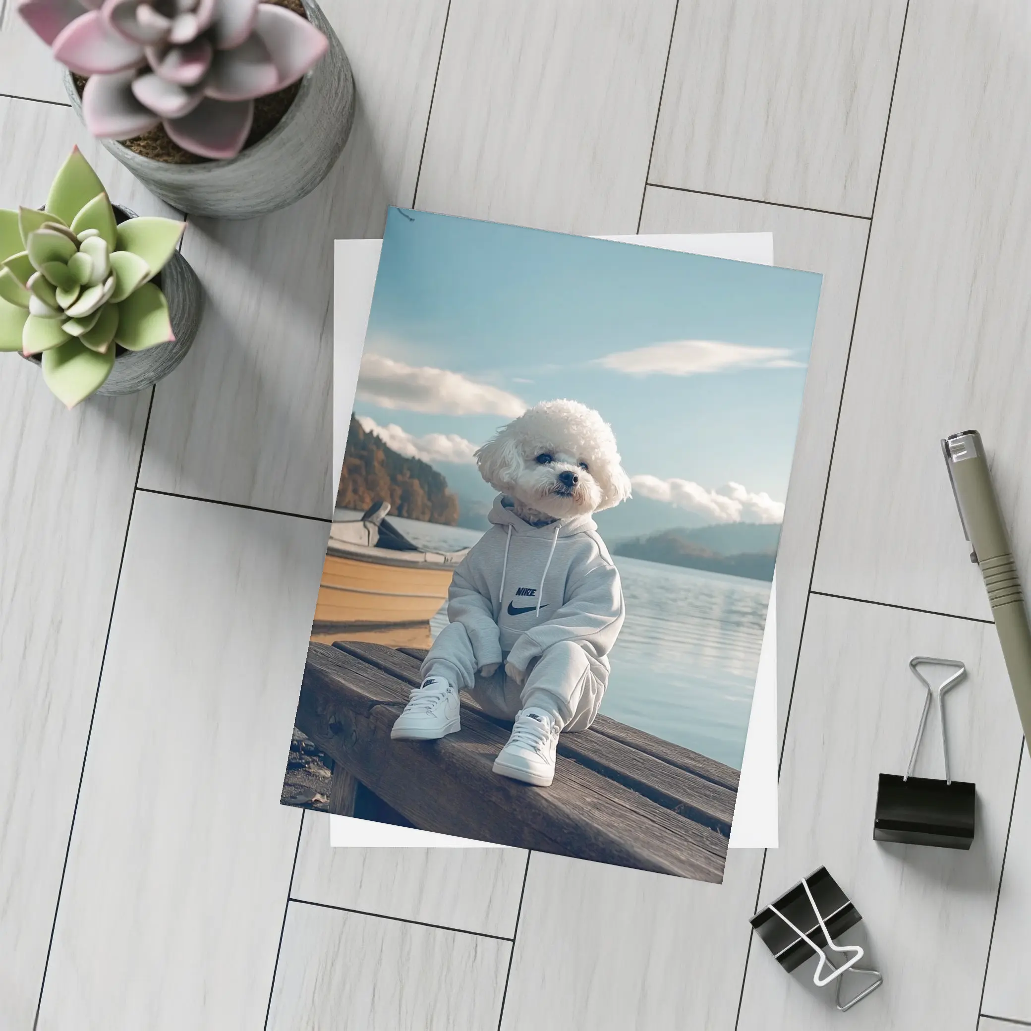 Bichon Frise Dog Wearing Nike Hoodie Lakeside – Postcards