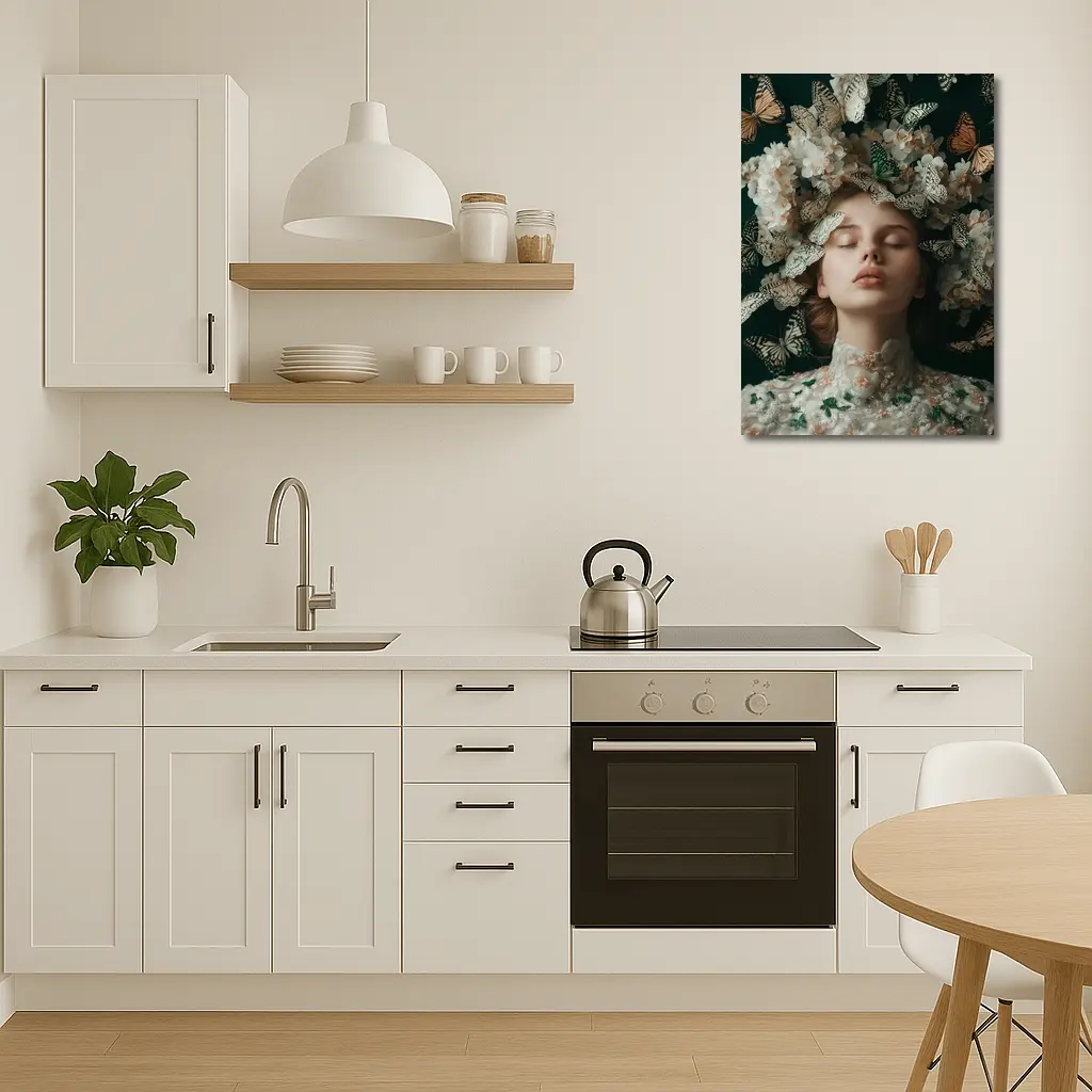 Woman With Butterflies And White Flowers – Wall Art
